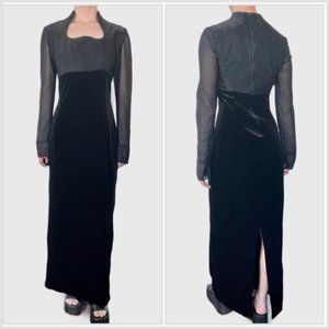 Vintage 90s Velvet Dress, 1990s Black Long Sleeve Velour Gown